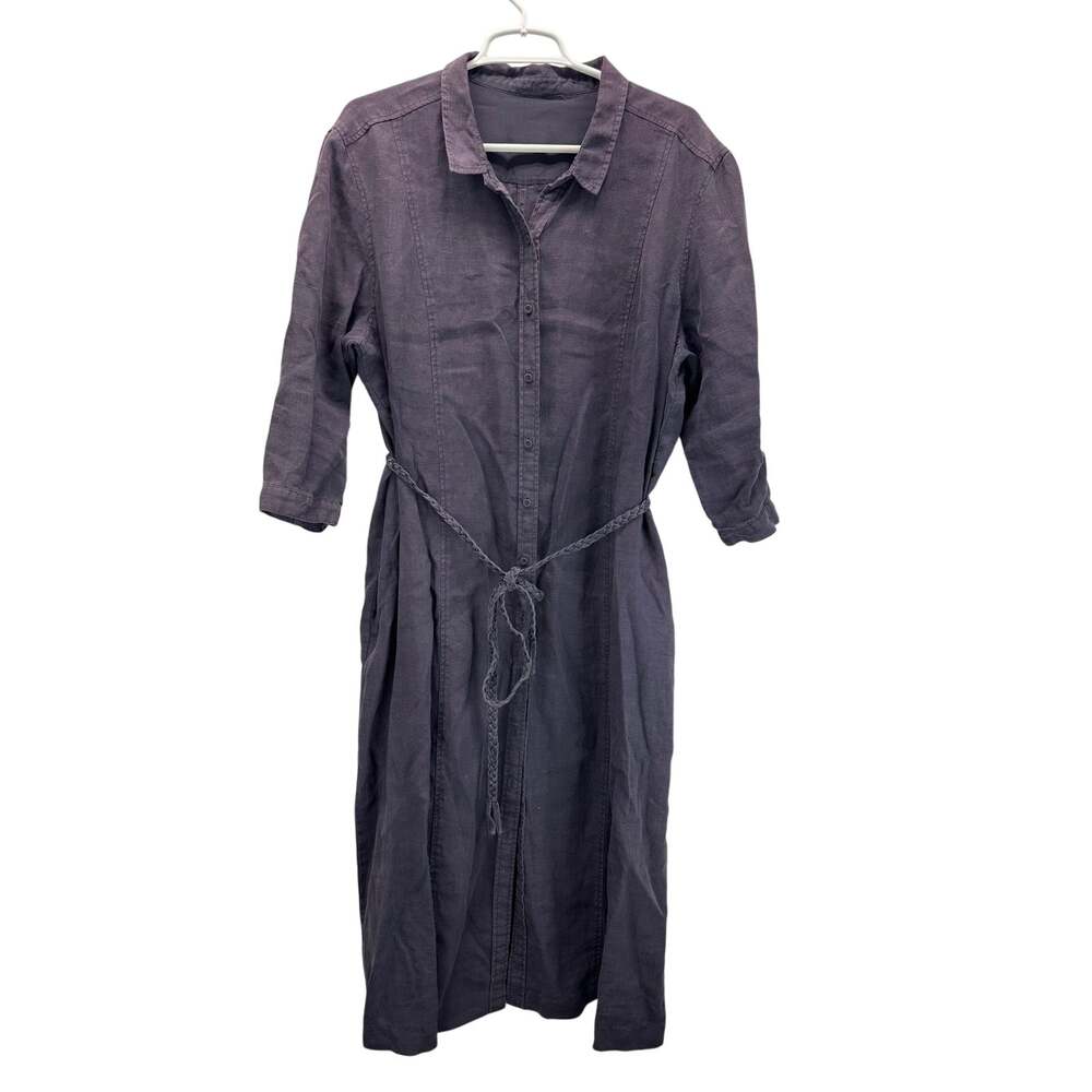 Poetry Linen Midi Button Front Shirt Dress Braided Belt Pockets Purple 16